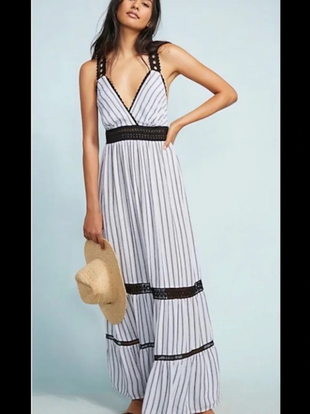 ANTHROPOLOGIE Striped White and Black Maxi Dress with Crochet Trim medium